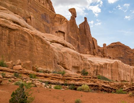 Rock formations, mittens, pillars and examples of erosion and weathering can all be found in Arches National Park, Utah.