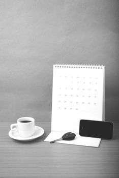 coffee,phone,car key and calendar black and white color