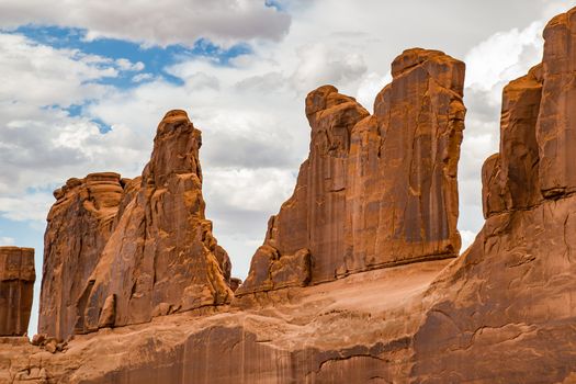 Rock formations, mittens, pillars and examples of erosion and weathering can all be found in Arches National Park, Utah.