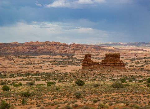 Rock formations, mittens, pillars and examples of erosion and weathering can all be found in Arches National Park, Utah.