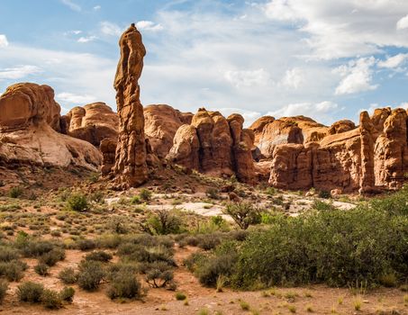 Rock formations, mittens, pillars and examples of erosion and weathering can all be found in Arches National Park, Utah.