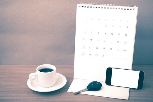 coffee,phone,car key and calendar vintage style