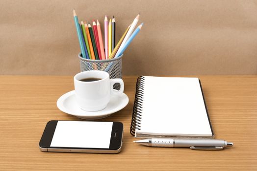 coffe,phone,notepad and color pencil on wood table background