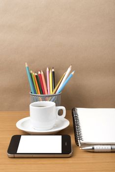 coffe,phone,notepad and color pencil on wood table background