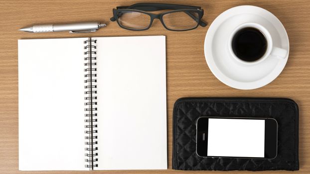 coffee,phone,eyeglasses,notepad and wallet on wood table background