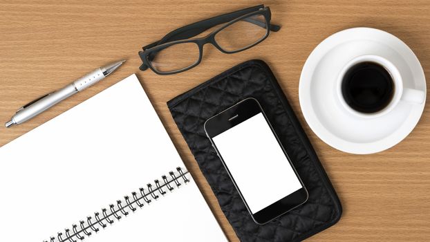 coffee,phone,eyeglasses,notepad and wallet on wood table background