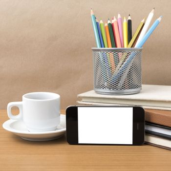 coffee,phone,stack of book and color pencil on wood table background