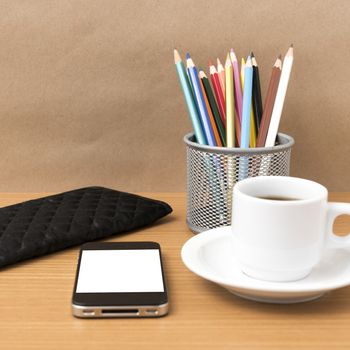 coffee,phone,wallet and color pencil on wood table background