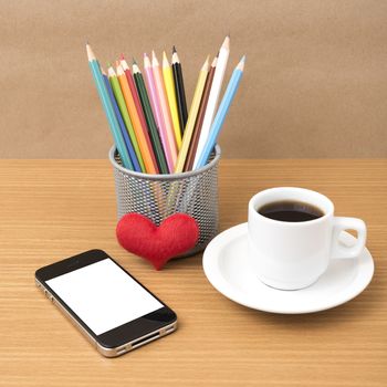 coffee,phone,color pencil and heart on wood table background