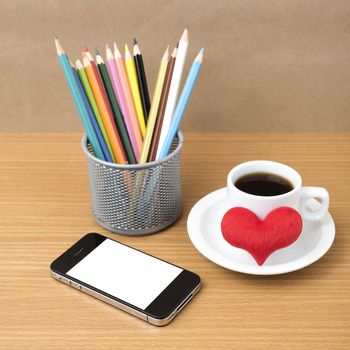 coffee,phone,color pencil and heart on wood table background