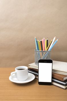 coffee,phone,stack of book and color pencil on wood table background