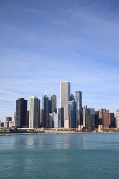 The Chicago skyline on Lake Michigan.