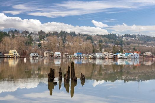 Floating Houses along Willamette River in Portland Oregon