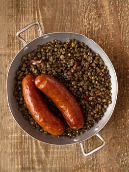 close up of rustic sausage with lentil