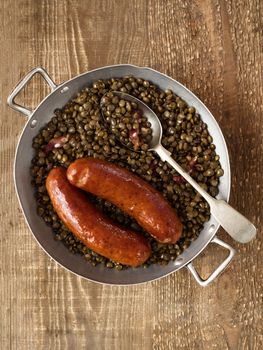 close up of rustic sausage with lentil