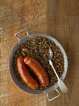 close up of rustic sausage with lentil