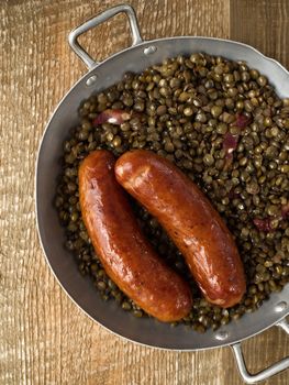 close up of rustic sausage with lentil