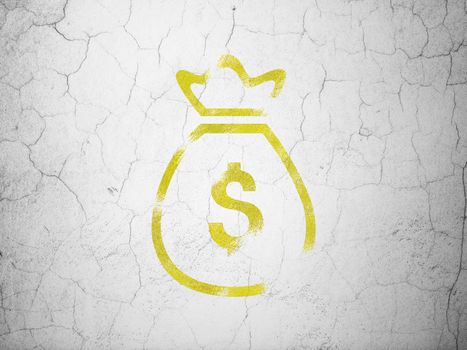 Currency concept: Yellow Money Bag on textured concrete wall background