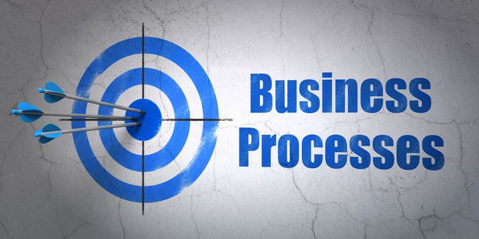 Success finance concept: arrows hitting the center of target, Blue Business Processes on wall background