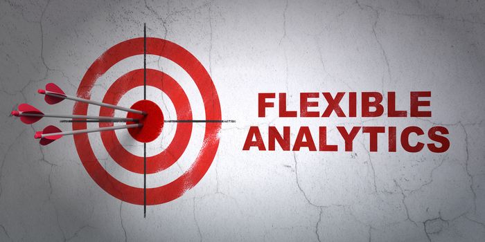 Success finance concept: arrows hitting the center of target, Red Flexible Analytics on wall background