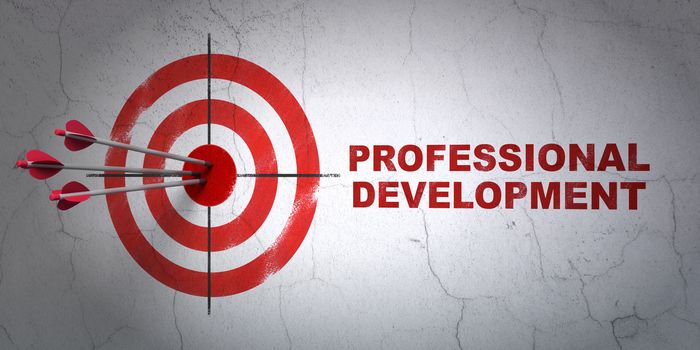 Success Studying concept: arrows hitting the center of target, Red Professional Development on wall background