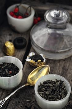 leaves of the tea bush,the stylish cups prepared for brewing