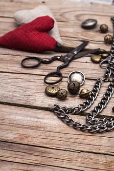 Retro scissors,beads for handicraft and iron chain