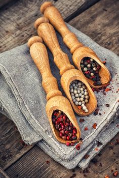 Three kinds of pepper in wooden spoons on vintage background