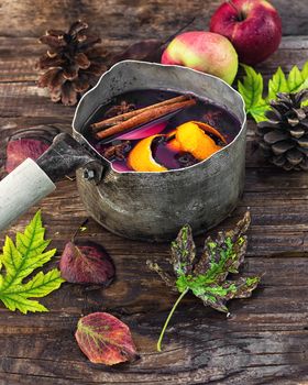 sangria in stylish, old-fashioned bowler hat on background strewn with autumn leaves