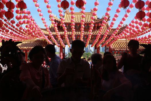 MALAYSIA, Kuala Lumpur: People gather at Thean Hou Temple on the first day of the Lunar New Year in Kuala Lumpur's popular Chinatown area on February 8, 2016. Some 25 percent of Malaysia's 29 million people are ethnic Chinese and celebrate the Lunar New Year, this year marking the Year of the Monkey.