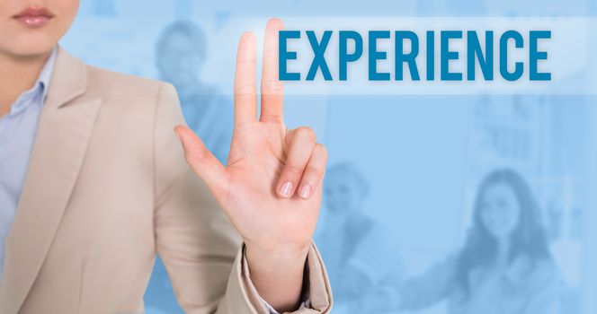 The word experience and businesswoman touching against blue background