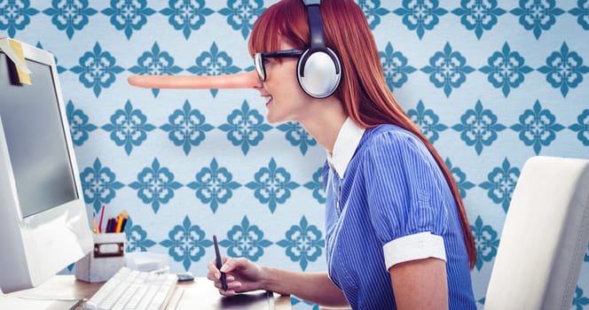 Attractive hipster woman with headset using graphics tablet  against blue background