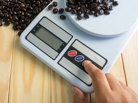 hand press on  digital measuring device and coffee beans