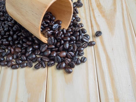 Coffee beans  in wood cup on wooden board