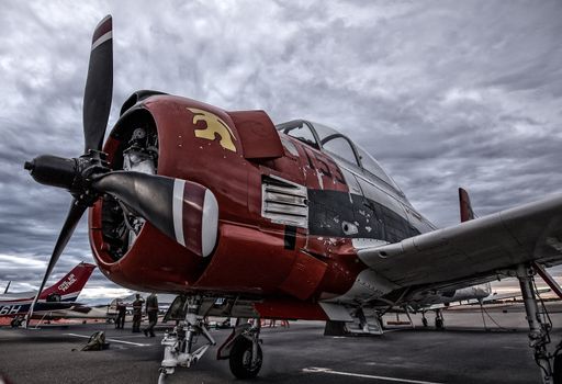 Redding, California, USA- September 28, 2014: A WWII era North American T-28 parked at the Redding Airshow in northern California