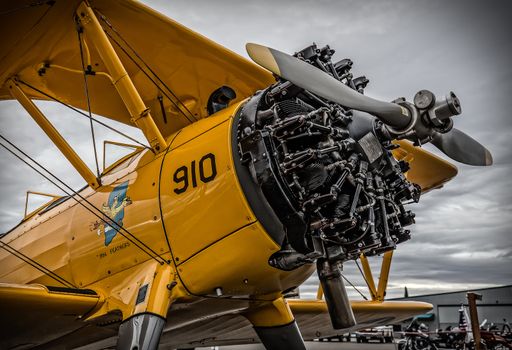 2014: A high performance stunt biplane and its engine are on display at an airshow in Northern California.