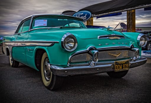 Redding, California, USA-September 28, 2014: A restored Desoto Firedome is proudly display on at a car show in Redding.