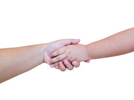 Handshake between young man and kid on white background