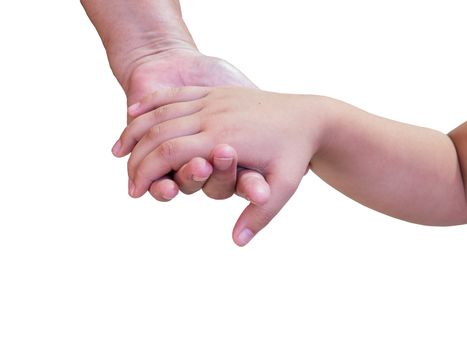 hold hands between young man and kid on white background