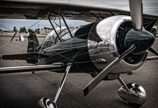 Redding, California, USA- September 28, 2014: A Pitts Model 12 stunt plane built by Jimmy Kilroy is on display at the Redding Airshow in northern California.