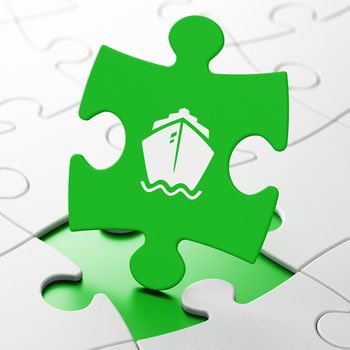 Tourism concept: Ship on Green puzzle pieces background, 3d render