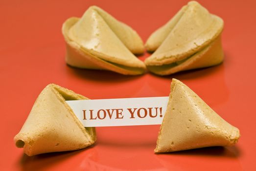 Close up of a Chinese fortune cookie with the little paper reading I Love You