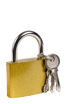 Close up shot of a gold colored padlock and keys isolated on white