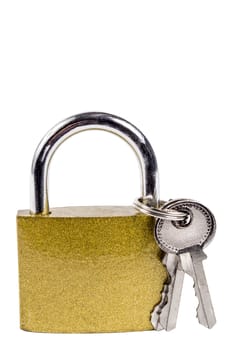 Close up shot of a gold colored lock with keys isolated on a white background