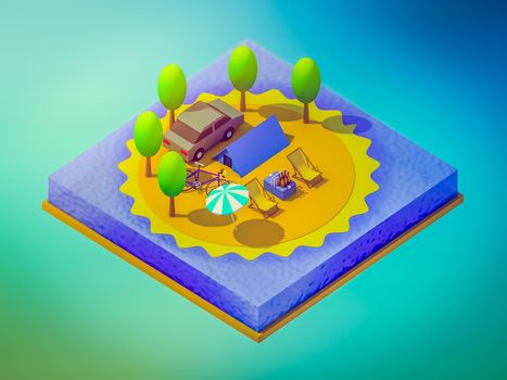 Isometric camping on the beach, abstract background, Isometric background