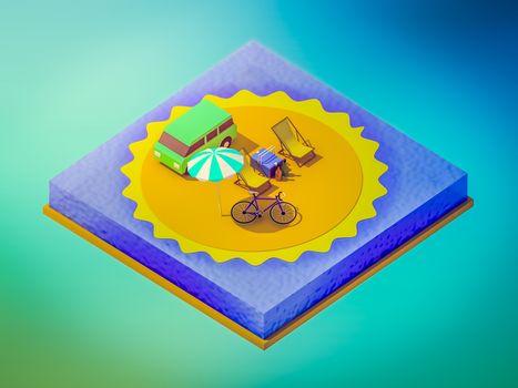 Isometric camping on the beach, abstract background, Isometric background