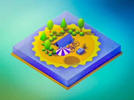 Isometric camping on the beach, abstract background, Isometric background