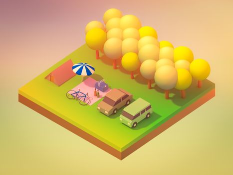 Isometric forest camping, abstract background, Isometric background