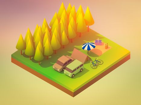 Isometric forest camping, abstract background, Isometric background