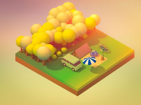 Isometric forest camping, abstract background, Isometric background